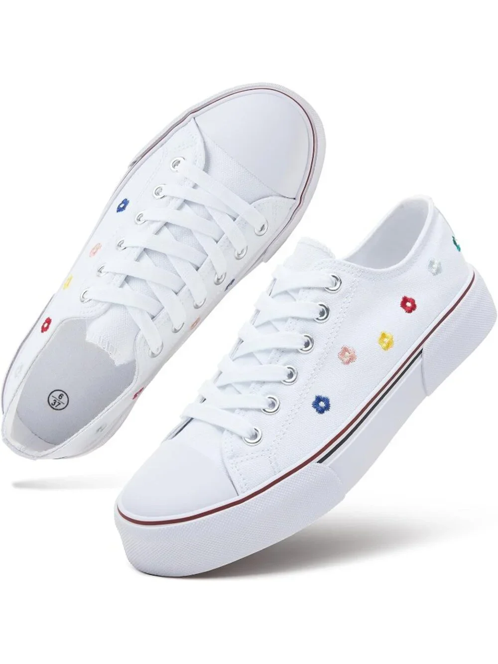 Women White Embroidery Lightweight Low Top Canvas Slip On Casual Fashion Sneaker